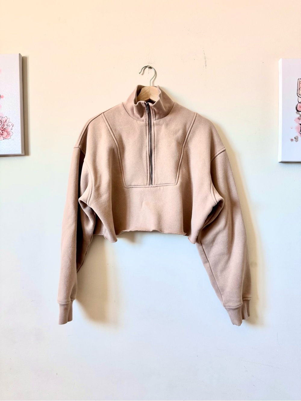 All Fenix Cropped Taupe Half-Zip Arlo Turtleneck Sweater Size Small - Picture 4 of 12